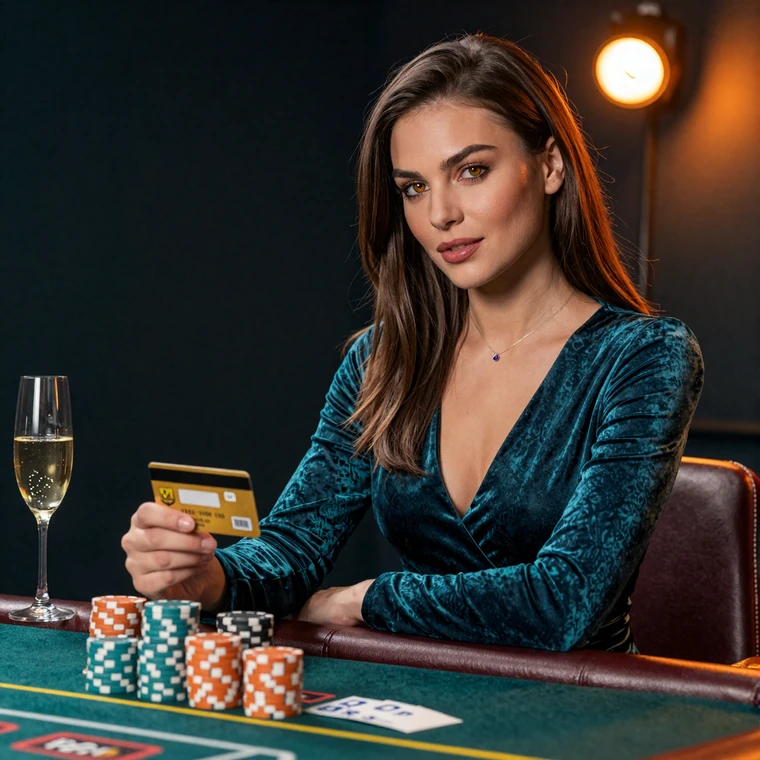 Elegante Frau im Samtkleid pr&uuml;ft eine goldene Zahlungskarte neben Casino-Chips im VIP-Lounge des Betsson Online Casino Echtgeld