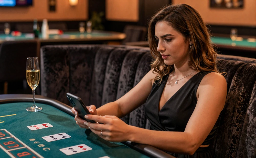 Frau spielt entspannt Live Casino online auf dem Smartphone von einem Samtsofa im VIP-Lounge-Ambiente