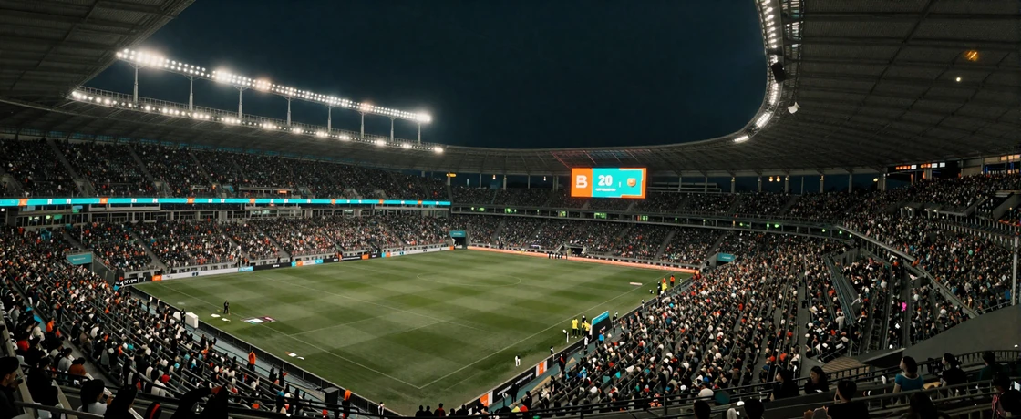 Fu&szlig;ballstadion bei Nacht mit t&uuml;rkis-orangem Sponsoring-Branding steht f&uuml;r Betssons Inter-Milan-Partnerschaft
