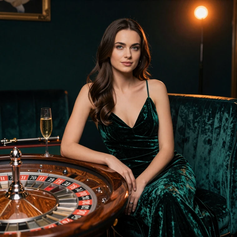 Elegante Frau im Samtkleid im historischen VIP-Lounge mit Vintage-Roulette und Champagner beim seri&ouml;sen Betsson Online Casino