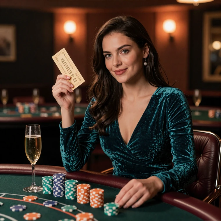 Elegante Frau im Samtkleid mit goldenem Bonus-Ticket und Casino-Chips im VIP-Lounge des Betsson Casino Bonus Angebots