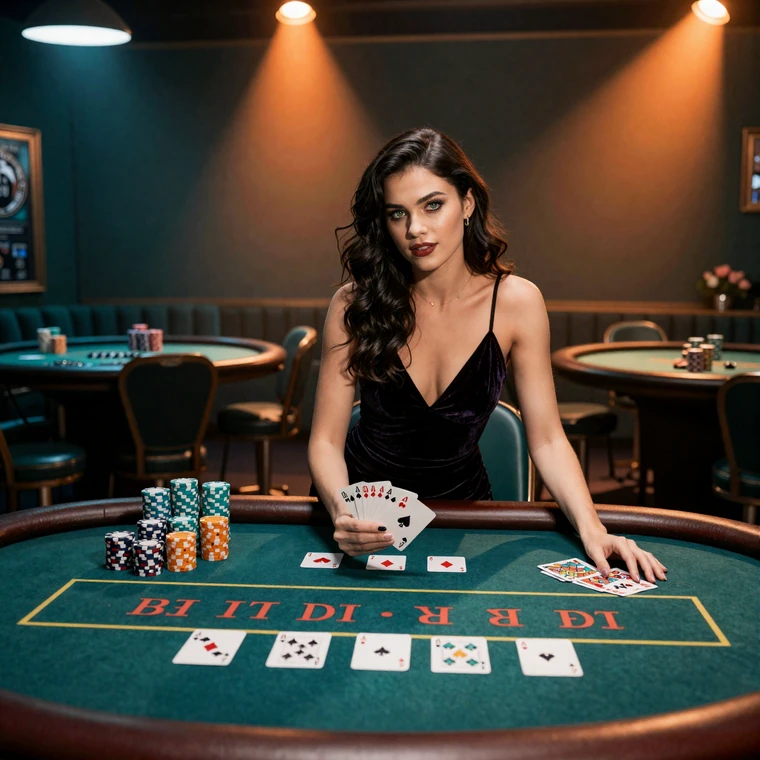 Elegante Frau im Samtkleid f&auml;chert Spielkarten am gr&uuml;nen Casino-Tisch mit Roulette und Chips f&uuml;r die Casino Spiele bei Betsson auf