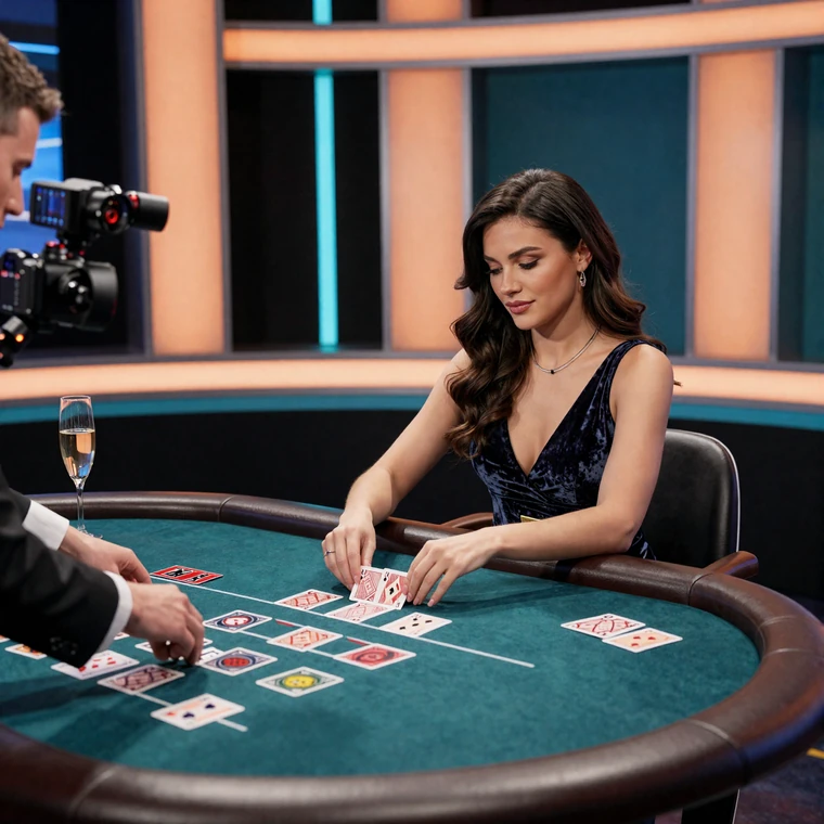 Elegante Frau im Samtkleid am Live-Blackjack-Tisch mit echtem Croupier im Betsson Live Casino online Studio